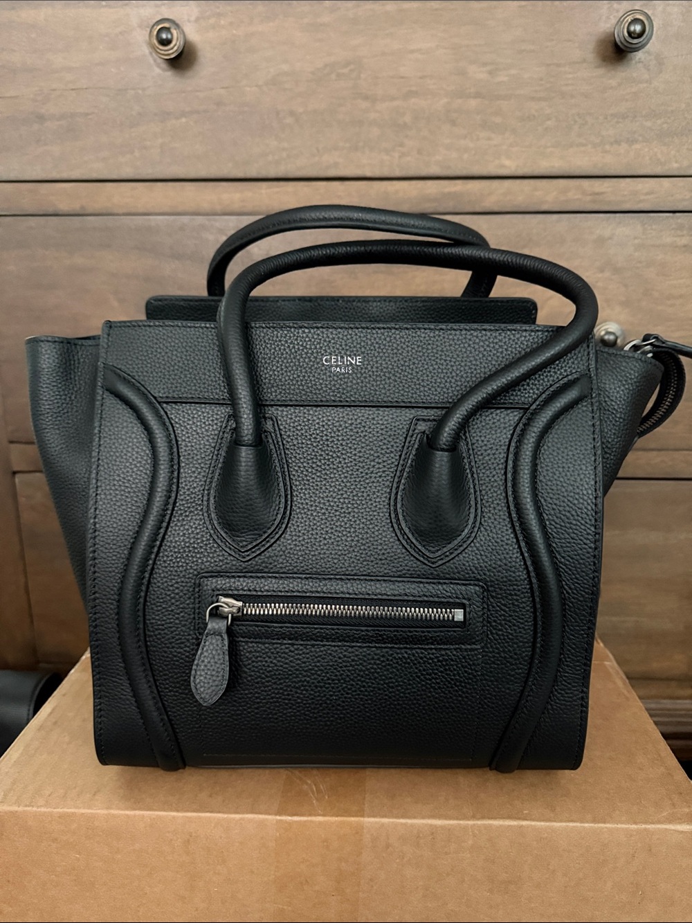 Black Pebbled Leather Mini Luggage Tote